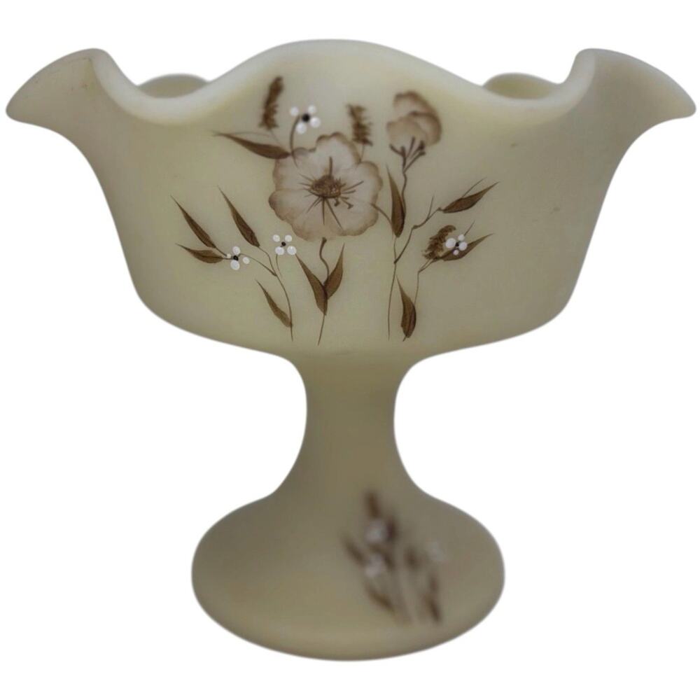 Fenton Satin Custard Glass Pedestal Compote Hand Painted Signed Jackie D Ruffled
